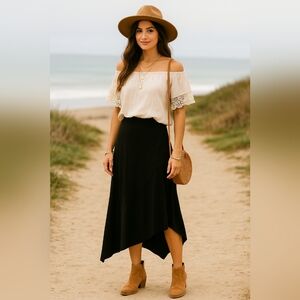 A) J.T.B. Black Asymmetrical Midi Skirt | Women’s Size LargeEffortless E…